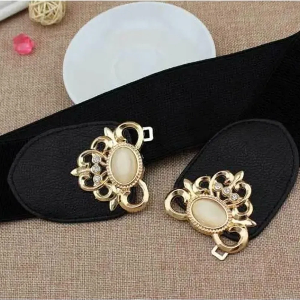 Golden‎ Double Buckle Black Waspie Belt Stretchy Elastic Accentuating Waist Band